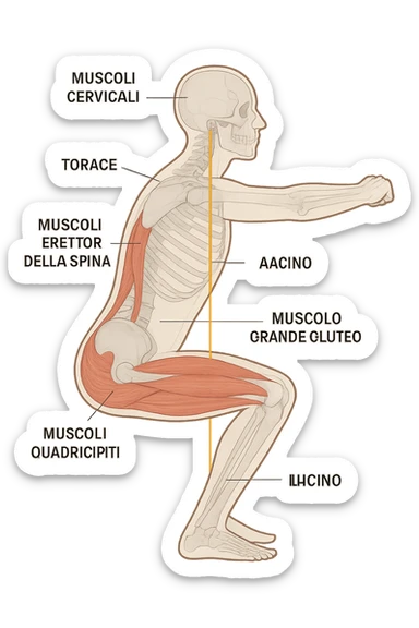 side view of a human figure performing a squat, with transparent overlays showing the skeletal structure. A straight line or highlighted axis connects the pelvis (bacino) and the ribcage (torace), demonstrating correct alignment. Key muscles involved in maintaining posture are labeled. Clean, educational style, white background. sticker