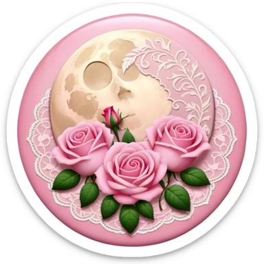 A round pink button with light cream damask lace, a full moon and pink roses in the center sticker