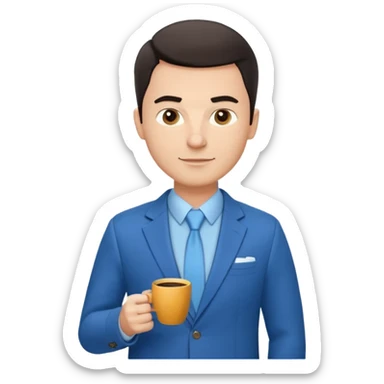 Confident male entrepreneur, Caucasian features, short dark hair, defined eyebrows, slight smile, wearing blue blazer over light blue shirt, holding a smartphone in one hand and a coffee cup in the other, waist-up, front-facing sticker