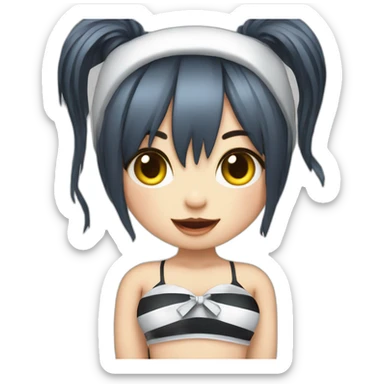 Frontal view curvy emo girl sits white skirt striped stockings hands up sticker