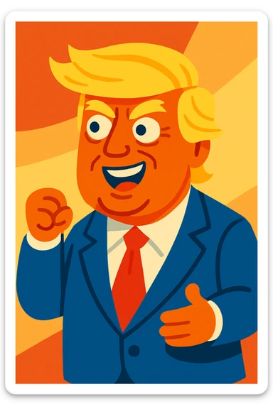 Donald Trump in a playful cartoon style, orange-tinted skin, signature blond hair, blue suit, red tie, expressive face, no text sticker