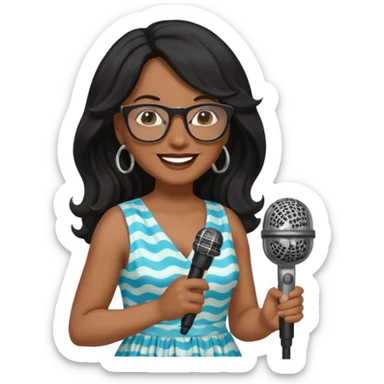 singer, Middle age, long wavy black hair, brown skin, wearing dress, holding mic, glasses sticker