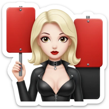 A dominatrix holding a large sign sticker