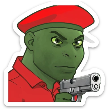 dark skin guy with all red and a red hat and gun sticker
