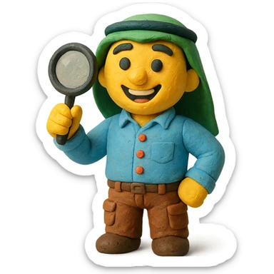 Create a realistic emoji character named Master Hunt. He is a Saudi young adult ,a button-up shirt and cargo pants. In one hand, he holds a magnifying glass, and he has an enthusiastic smile on his face. The background should be transparent , positive work culture. sticker
