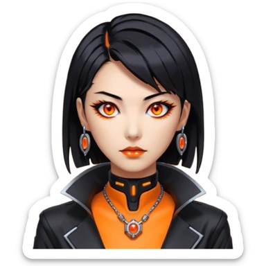 Cyberpunk Japanese woman, mid-50s looking young, sharp features, sleek black hair, glowing orange eyes, expensive tech jewelry, vengeful expression, neon highlights, dark background. sticker