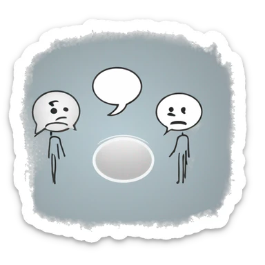stick figure on the left talking with a speech bubble with sad face and another stick figure on the right talking to them with a speech bubble with a question mark sticker