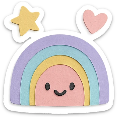 cute tiny rainbow, floating star and heart around, soft pastel colors, no limbs, transparent background, full body, paper craft style sticker