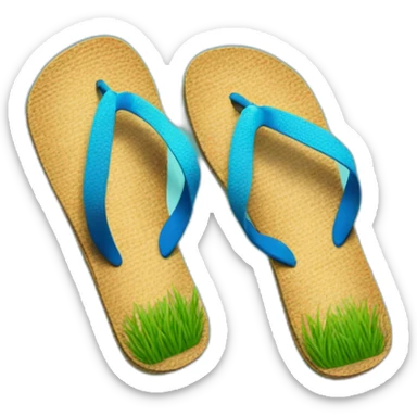flip flops with grass texture all along the top, with a blue strap and post sticker