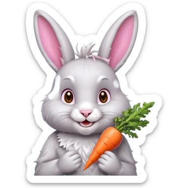 Grey rabbit, holding a carrot, grinning with joy
 sticker