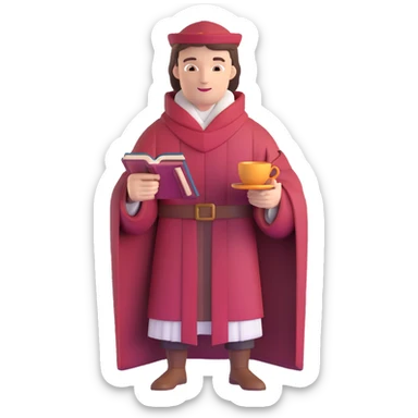 person with book and teacup, Chaucer in medieval robe behind, simple background sticker