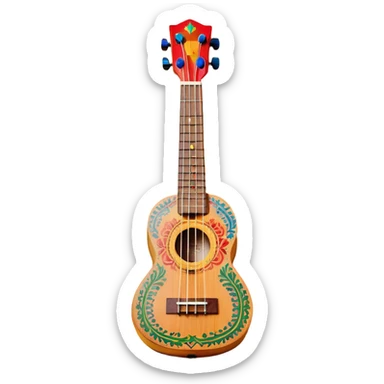Create a vibrant and artistic emoji representing a ukulele with a Mexican design. The ukulele should feature a bright, colorful body with traditional Mexican patterns, such as geometric shapes, floral motifs, or colorful stripes. Use rich, warm tones like red, yellow, green, and blue to give the instrument a lively, festive look. Highlight the wood grain of the ukulele’s neck and fingerboard, and add subtle details like decorative inlays or a small Mexican flag symbol on the body. The strings should be clearly visible, and the instrument should be in a slightly angled position to showcase its unique design. The background should be transparent. sticker