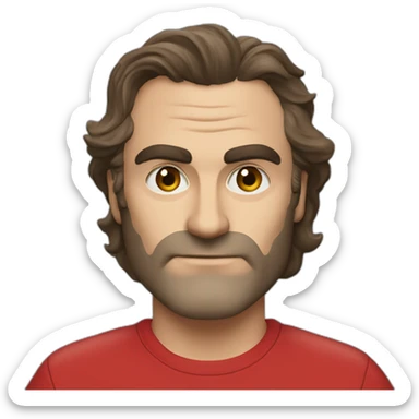 joaquin phoenix wearing a red t-shirt with text "N.E.N.N.O" sticker