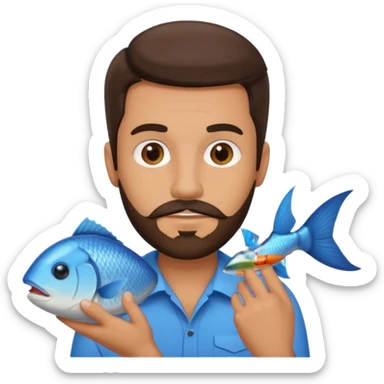 Brunette guy with facial hair holding a fish sticker