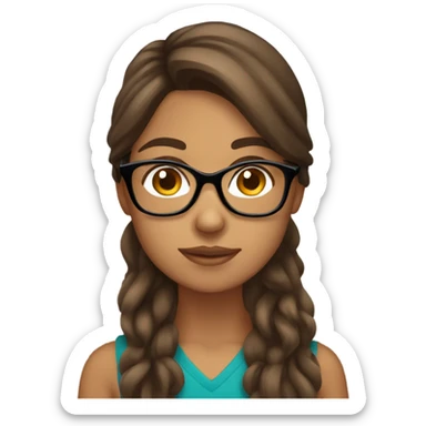 Hispanic, long Brown hair, girl with glasses, holding tan yorkie sticker