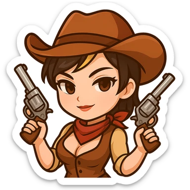 Transform the chibi cowgirl into a sexy girl while keeping the short hair, cowboy hat, and western outfit. Give her a more confident, alluring pose and expression with mature and feminine features, maintaining the chibi/anime style. She should be holding two guns, one in each hand. The background should be transparent, sized for Twitch or Discord use. sticker