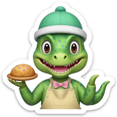 quiero un dinosaurio divertido con delantal y gorro de pastelero y en la mano un pastel sticker