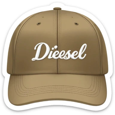 Dark khaki Diesel cap with white cursive 'Diesel' script writing and Diesel logo underneath, no person, isolated baseball cap sticker