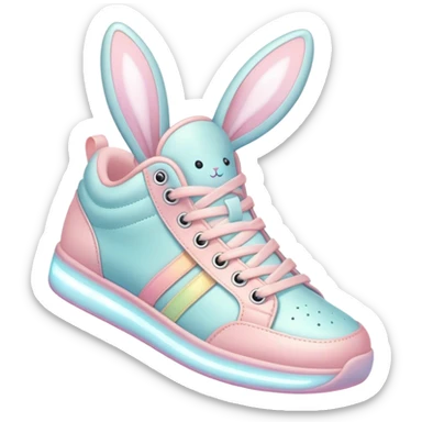 Cute Kawaii Shoe, small and bouncy, soft pastel sneakers with glowing highlights, cute sparkling eyes, a happy cheerful expression, laces tied like bunny ears! sticker