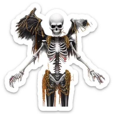 White skeleton zombie person covered in golden chains and black graffiti scribbles and red and silver doodles wings made of neon lightning snowing snowflakes sticker