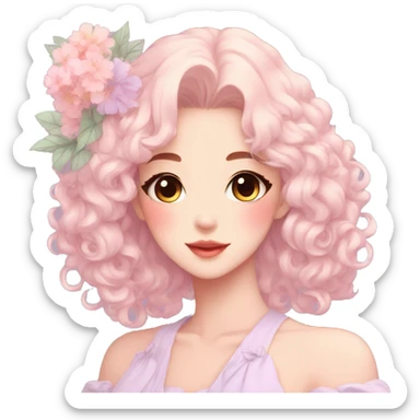Gorgeous pastel anime style lady with blushing face and flowers aesthetic trending style sticker