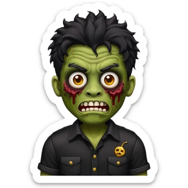 Emoji masculino de zumbi estilo iPhone,com cabelo ondulado grande e preto, camisa preta e brincos sticker