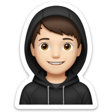 A brunette boy, short straight hair, light brown eyes, with a black sweatshirt with a hoodie, and smile without teeth  sticker