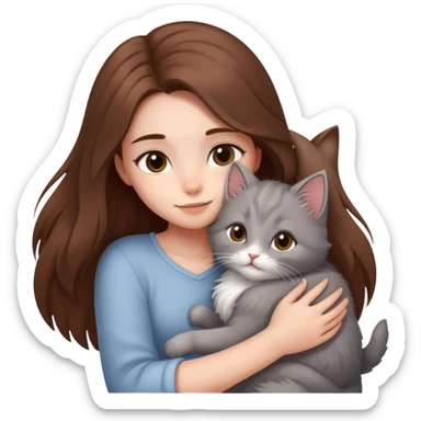 A girl with long hair tightly hugged a kitten sticker