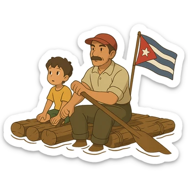 ghibli style Cuban boy and dad on a homemade raft leaving Cuba sticker