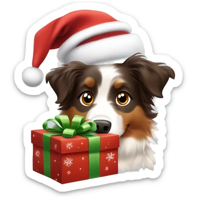Red tri Australian Shepherd opening a Christmas present ￼ sticker
