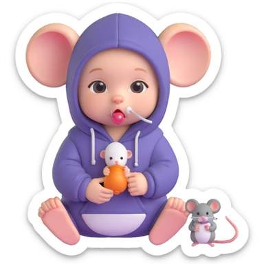 a baby with a pacifier and a hoodie, holding a mouse, looking curious and smart sticker