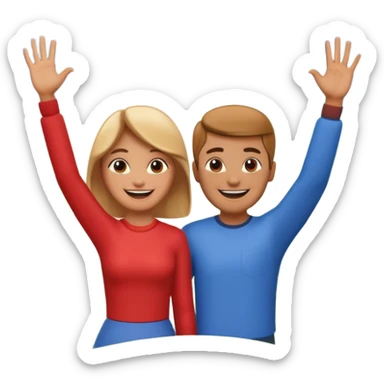 A 3D cartoon couple on top of a hill raising hands in victory, sunny sky and nature background, Memoji-style. inside photo frame. sticker