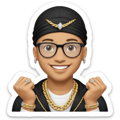 lightskin man with a black durag,a cuban link chain,glasses, and smiling flexing diamond studded grillz  sticker