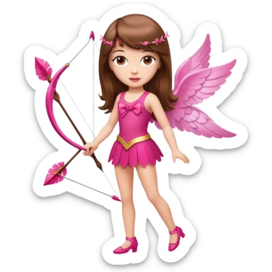 Hada de piel clara cupido pequeña  de cabello largo lacio castaño con flequillo y ojos cafés  vestida con algo sensual semitransparente corto color blanco o rojo con 1 arco y una sola flecha que combinen y labios rositas tipo Barbie pero en hada cupido de cuerpo completo de pies a cabeza   sticker