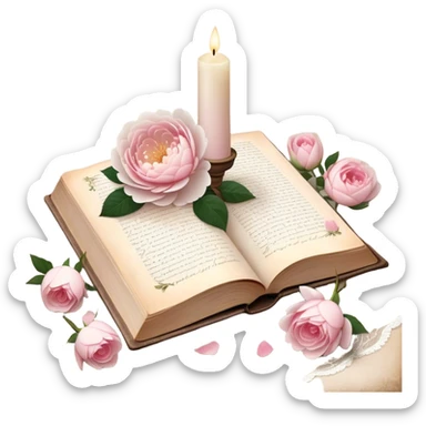 A beautifully aged book of poetry, open beside a softly glowing candle, with scattered blush pink rose petals and white peony blossoms decorating the vintage lace-covered surface.
 sticker
