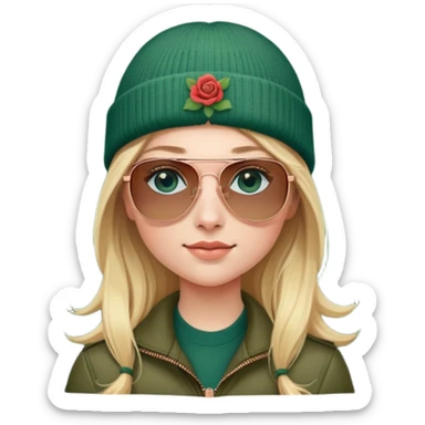 girl with long blond hair
with blue eyes
and aviator sunglasses
wearing beanie
wearing (rose gold apple watch with forest green band) sticker