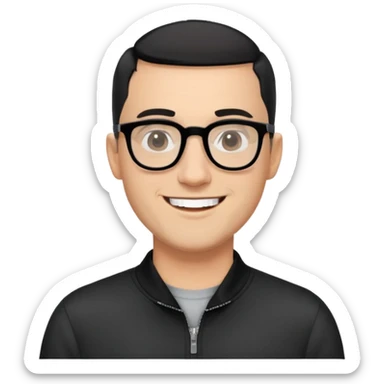 Light-skinned man with black hair in very short almost-buzz cut (minimal length but visible), short graying beard, big black glasses frames, happy smile, black long sleeve shirt with zip at neck sticker