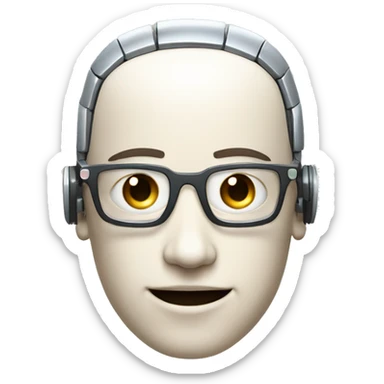 Robotic Cyborg head with fair skin, flat top haircut, rectangular glasses, circuits and smiling  sticker