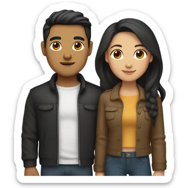 a couple holding hands. the guy has black middle part hair and is Persian and Filipino mix, wearing a jacket. the girl has brown hair white and asian mix, wearing a crop top. sticker