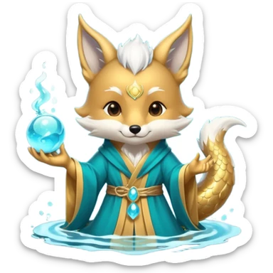 Chibi teal fox with small antler horns, confident magical expression, gold mark on forehead, teal-gold robe, holding glowing blue water orbs, with dragon tail sticker