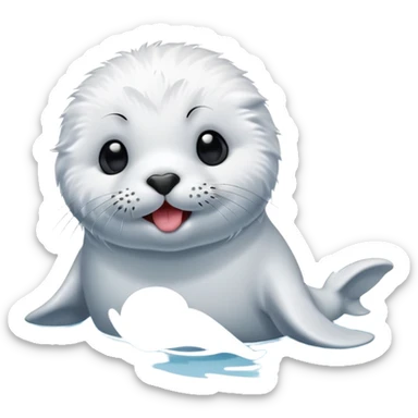 A fluffy, all-white furred, tiny seal having fun in the lake while sticking his tongue out. sticker