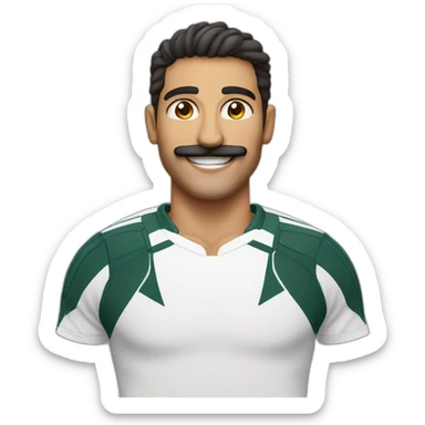 athletic middle eastern guy with a big smile and a mustache sticker