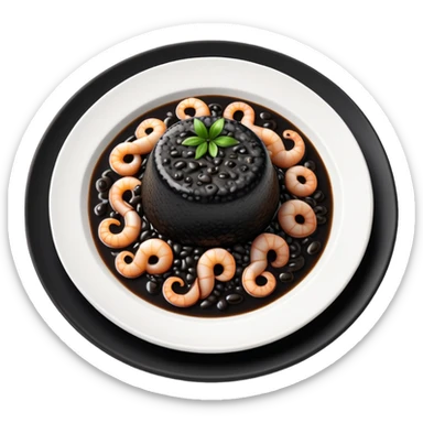 cinematic-realistic-black-risotto-dish-emoji,-showcasing-small squid pieces in black sauce -rendered-with-bold-textures-and-dynamic,-dramatic-lighting in a white plate sticker