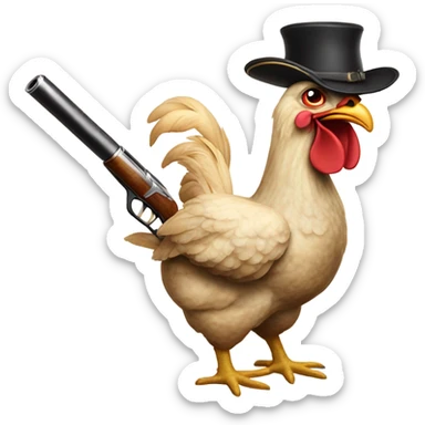 Chicken with a cigar in its mouth holding a double barrelled shotgun sticker