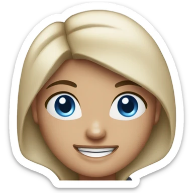 A girl with fair skin and dark hair , blue eyes , smiling and wearing boxing gloves sticker