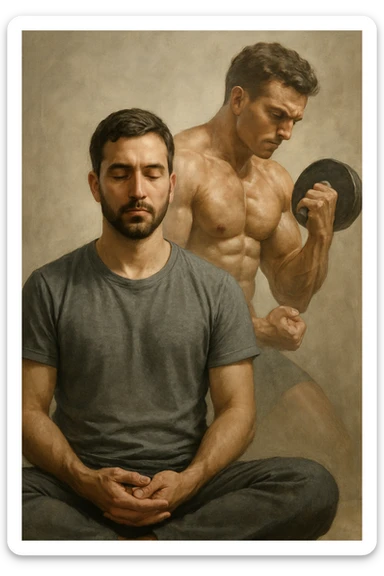 realistic style, expressive details, man sitting visualizing himself training and growing muscular through the power of the mind, 2:3 aspect ratio sticker