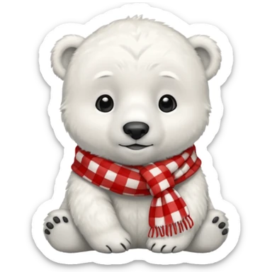baby polar bear wearing a red and white checkered scarf sticker