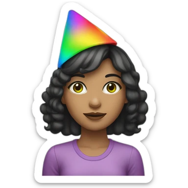 girl with dark hair and green eyes in rainbow party hat  sticker