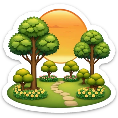 A peaceful garden with trees at sunset sticker