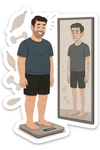 a man stands on a scale, smiling at the lower number, but his reflection in a nearby mirror shows a thinner, but also visibly weaker and less muscular body. Around him, floating icons or faded images of muscle fibers and dumbbells highlight the overlooked loss of muscle mass. The mood is cautionary and educational. in italiano sticker